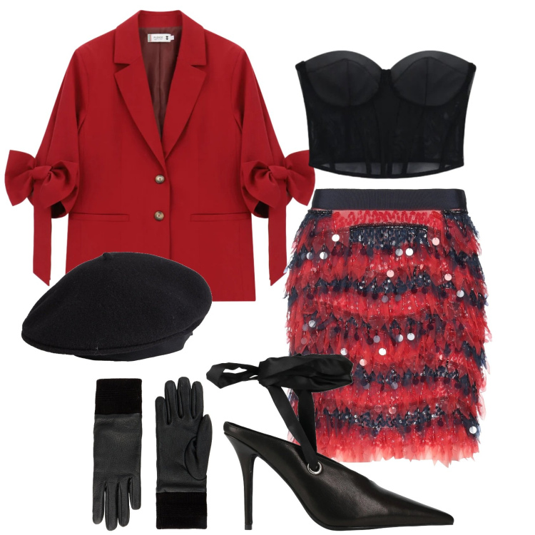 Outfit donna - Total look #2385783. Stile Glamour per Serata fuori. Abbinamento con guanti, cappelli e berretti, décolleté, minigonne, blazer, top.