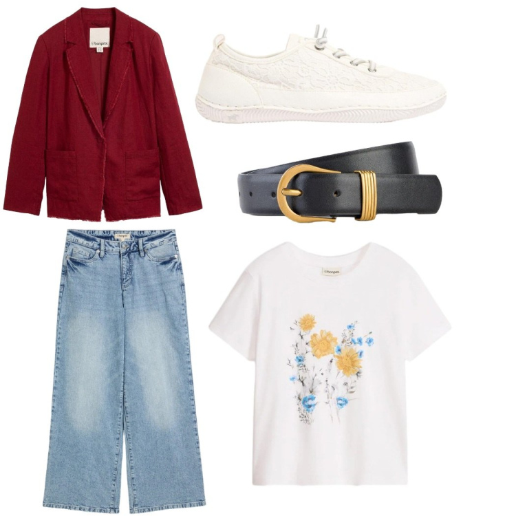 Outfit donna - Total look #2385784. Stile Casual per Tutti i giorni. Abbinamento con blazer, cinture, jeans, t-shirt, sneakers.