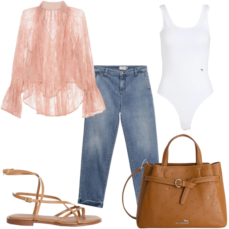 Outfit donna - Jeans per la giornata. Stile Trendy per Tutti i giorni. Abbinamento con body, bluse, jeans, borse a mano, sandali in pelle.