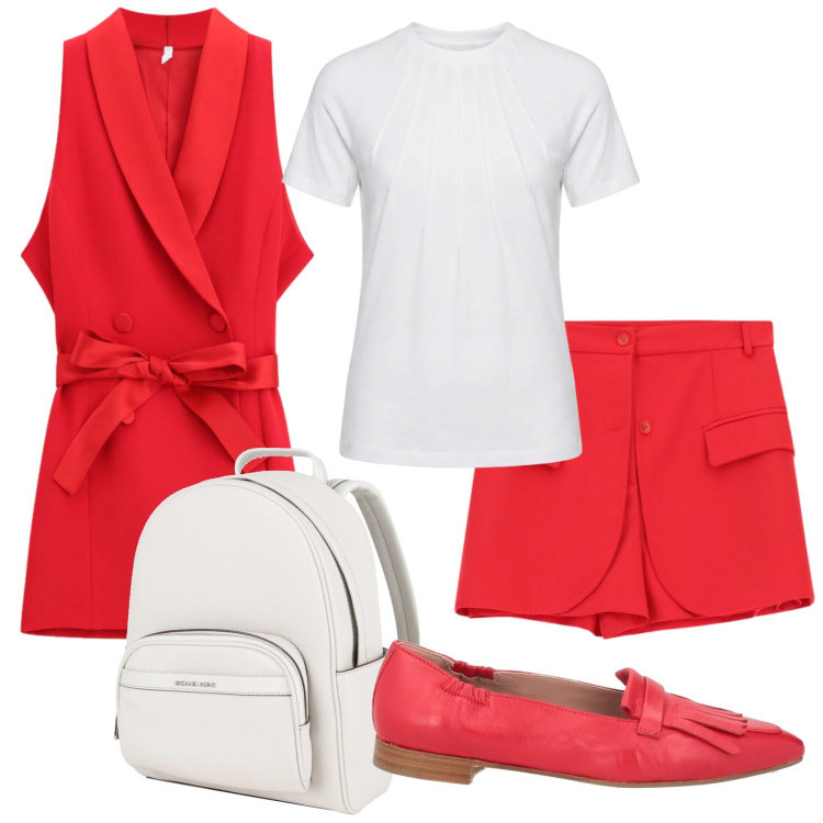 Outfit donna - Total look #2385786. Stile Chic per Ufficio. Abbinamento con mocassini, zaini, t-shirt, shorts, gilet.
