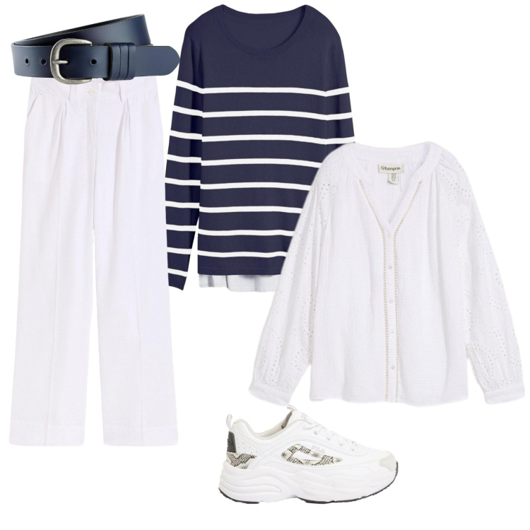 Outfit donna - Sea spring. Stile Casual per Mare. Abbinamento con sneakers, maglieria, pantaloni a palazzo, bluse, cinture.