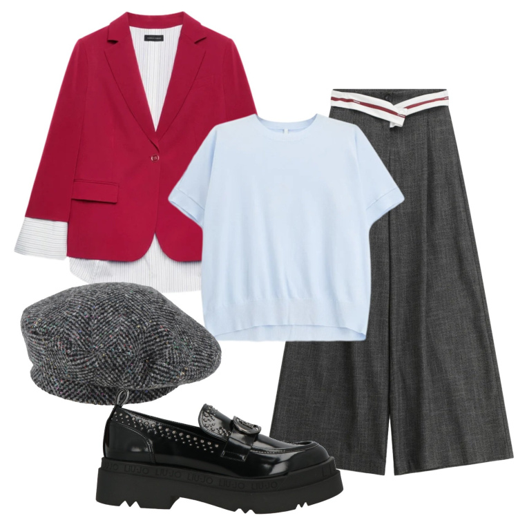 Outfit donna - Total look #2385793. Stile Trendy per Scuola/Università. Abbinamento con cappelli e berretti, mocassini, blazer, pantaloni a palazzo, t-shirt.