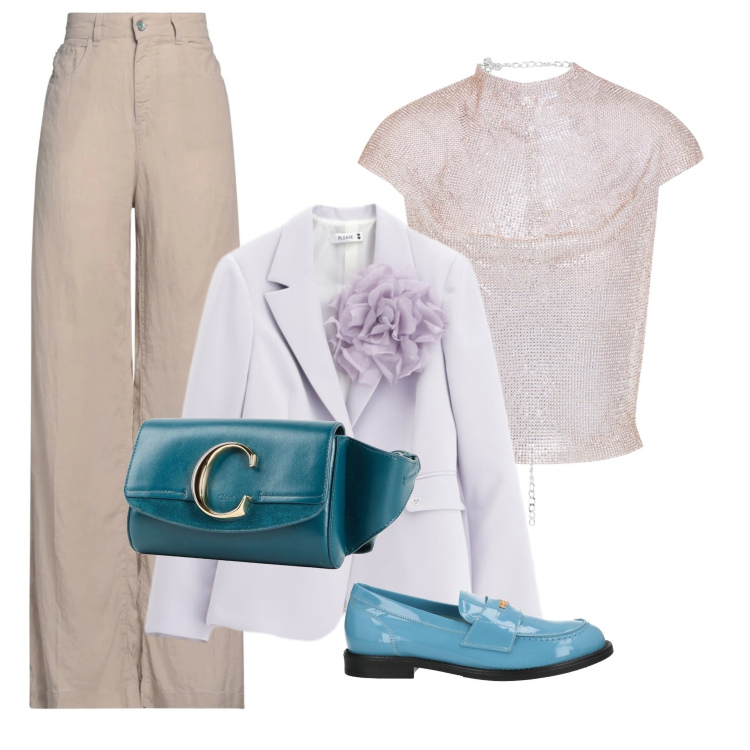 Outfit donna - Chick per lo shopping. Stile Bon Ton per Serata fuori. Abbinamento con top, jeans, marsupi, mocassini, blazer.