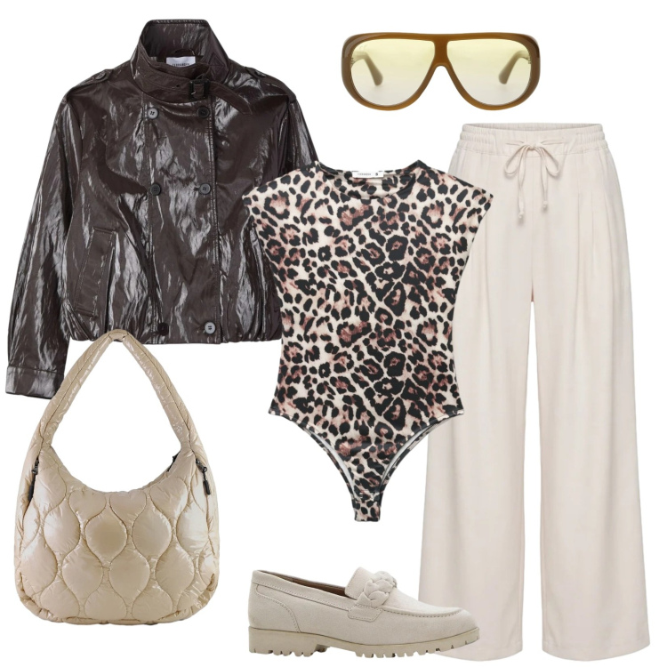 Outfit donna - Weekend & style. Stile Trendy per Tutti i giorni. Abbinamento con mocassini, pantaloni, top, giacche, occhiali da sole, borse tote.
