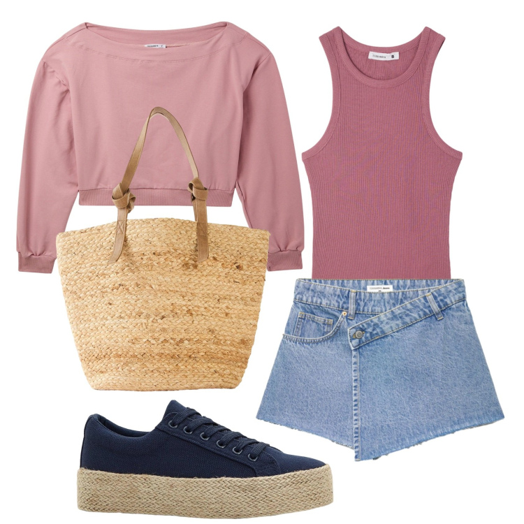 Outfit donna - Total look #2385801. Stile Sporty chic per Tutti i giorni. Abbinamento con sneakers, shopping bag, minigonne, felpe, canottiere.