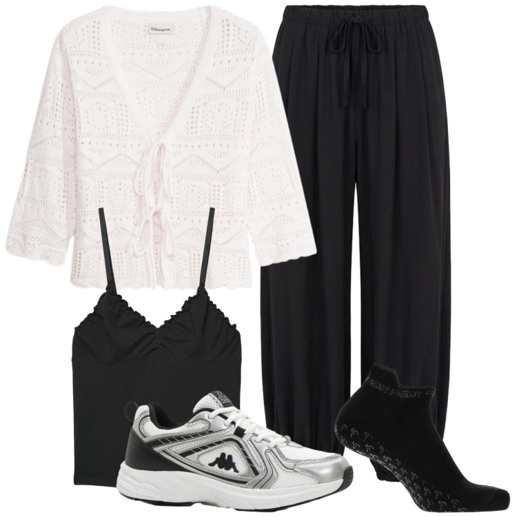 Outfit donna - Total look #2385803. Stile Trendy per Tutti i giorni. Abbinamento con cardigans, sneakers, pantaloni, canottiere, calzini.