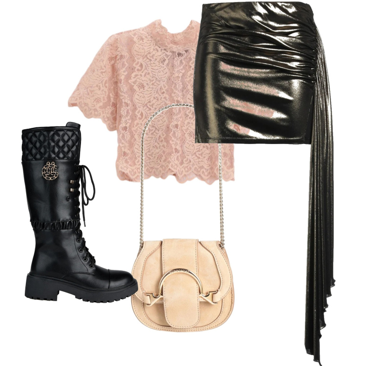 Outfit donna - Al bar con gli amici. Stile Glamour per Serata fuori. Abbinamento con top, minigonne, marsupi, stivali.