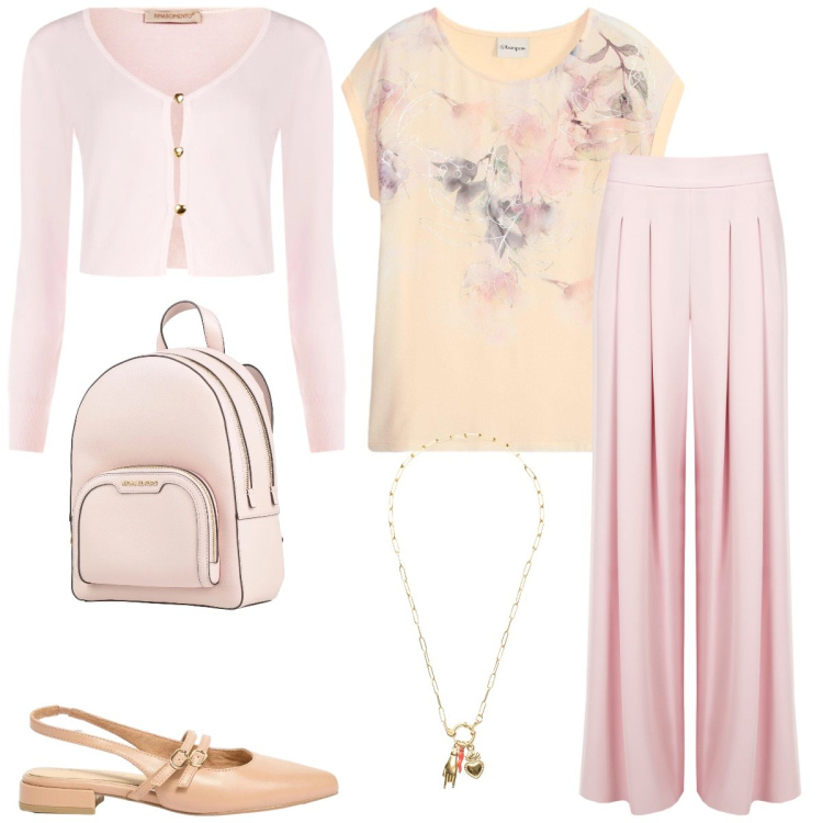 Outfit donna - Pastello. Stile Casual chic per Tutti i giorni. Abbinamento con zaini, t-shirt, ballerine, cardigans, pantaloni a palazzo, ciondoli.