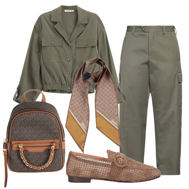 Outfit donna - Total look #2385807. Stile Casual chic per Ufficio. Abbinamento con pantaloni cargo, zaini, sciarpe, mocassini, camicie.