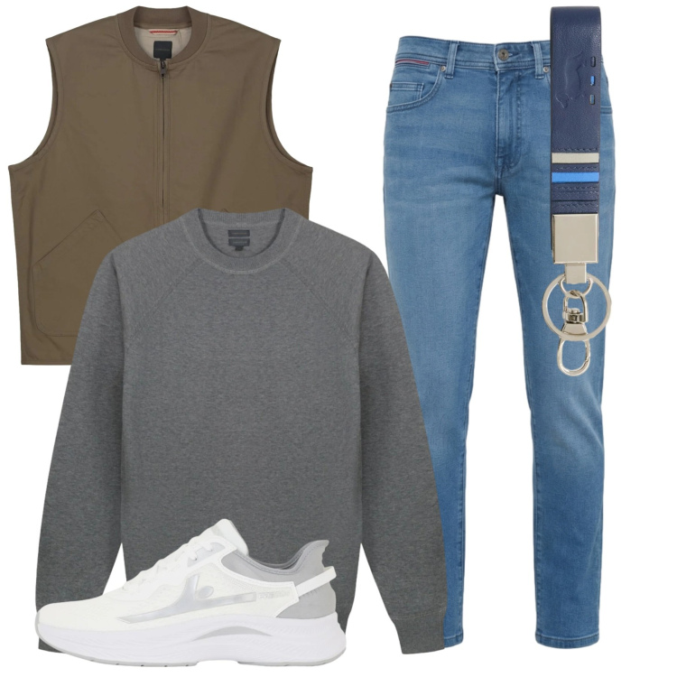 Outfit uomo - Total look #2385809. Stile Trendy per Tutti i giorni. Abbinamento con jeans slim fit, portachiavi, sneakers, gilet, maglieria.