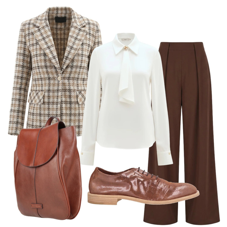 Outfit donna - Total look #2385811. Stile Mannish per Ufficio. Abbinamento con zaini, scarpe stringate, camicie, pantaloni a palazzo, blazer.