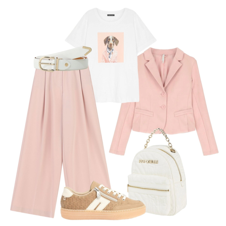 Outfit donna - Leggerezza chic casual. Stile Casual chic per Tutti i giorni. Abbinamento con zaini, sneakers, pantaloni a palazzo, cinture, blazer, t-shirt.