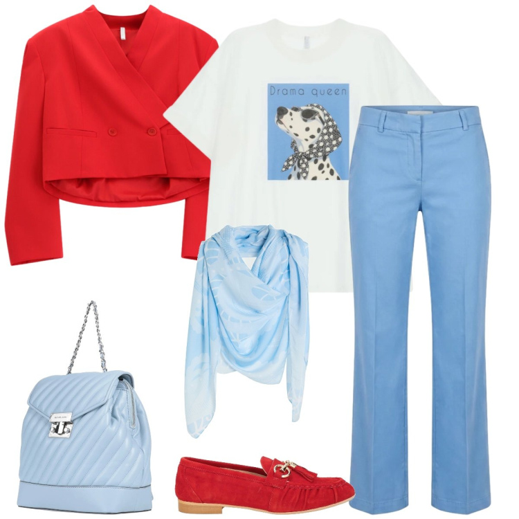 Outfit donna - In città. Stile Casual chic per Tutti i giorni. Abbinamento con sciarpe, zaini, mocassini, blazer, t-shirt, pantaloni.