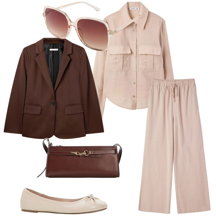 Outfit donna - Total look #2385823. Stile Casual chic per Tutti i giorni. Abbinamento con ballerine, occhiali da sole, borse a tracolla, blazer, camicie, pantaloni.