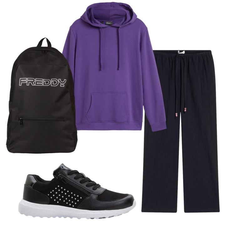 Outfit donna - Total look #2385825. Stile Casual per Sport. Abbinamento con felpe con cappuccio, sneakers, pantaloni, zaini.