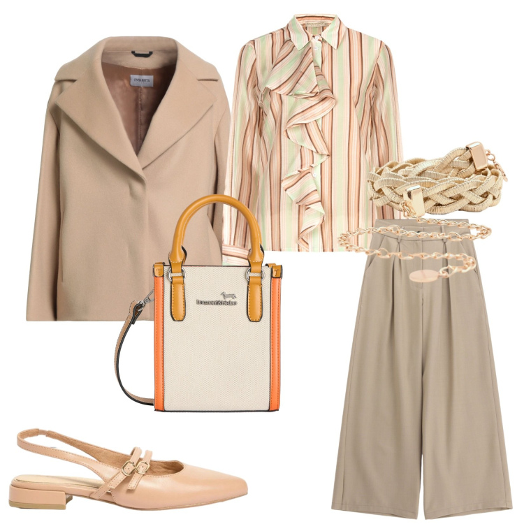 Outfit donna - Total look #2385828. Stile Bon Ton per Ufficio. Abbinamento con cappotti, ballerine, pantaloni a palazzo, cinture, camicie, borse tote.