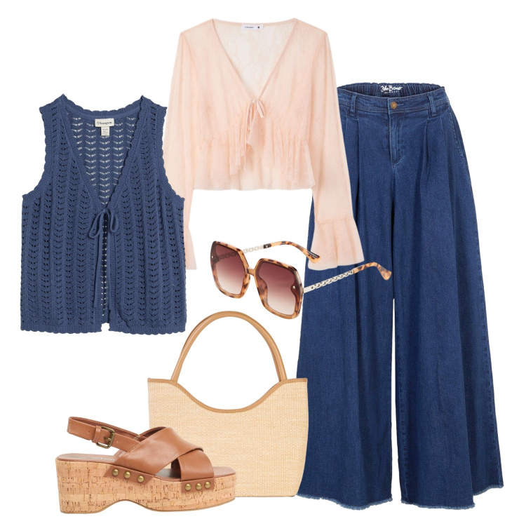 Outfit donna - Pomeriggio caldo boho. Stile Boho per Tutti i giorni. Abbinamento con gonne, maglieria, zeppe, occhiali da sole, shopping bag, bluse.