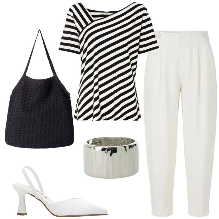 Outfit donna - Total look #2385833. Stile Chic per Serata fuori. Abbinamento con décolleté, bluse, shopping bag, pantaloni, braccialetti.