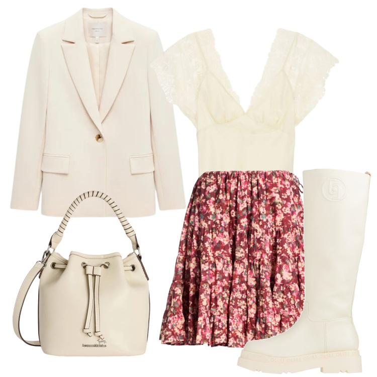 Outfit donna - Total look #2385835. Stile Romantica per Ufficio. Abbinamento con stivali, minigonne, canottiere, blazer, borse a secchiello.