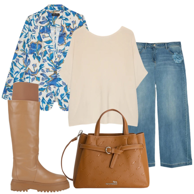 Outfit donna - Total look #2385837. Stile Casual chic per Ufficio. Abbinamento con stivali, t-shirt, blazer, jeans, borse a mano.