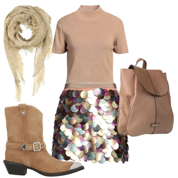 Outfit donna - Total look #2385839. Stile Casual chic per Tutti i giorni. Abbinamento con zaini, minigonne, maglieria, stivaletti texani, stole.