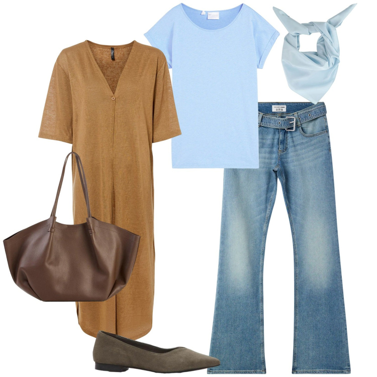Outfit donna - Total look #2385840. Stile Casual per Tutti i giorni. Abbinamento con maglieria, cardigans, ballerine, shopping bag, jeans a zampa, foulard.