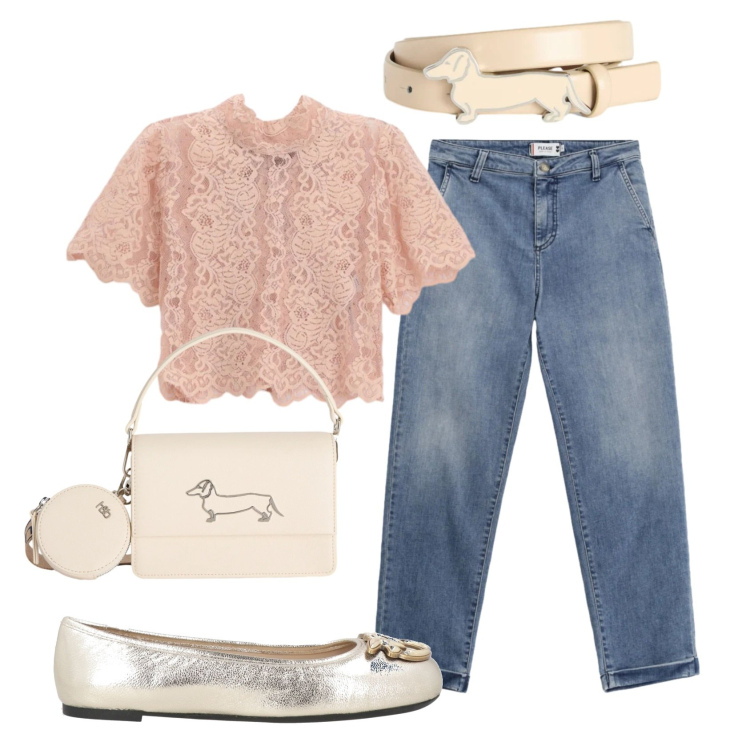 Outfit donna - Total look #2385841. Stile Bon Ton per Tutti i giorni. Abbinamento con ballerine, top, jeans, cinture, borse a tracolla.