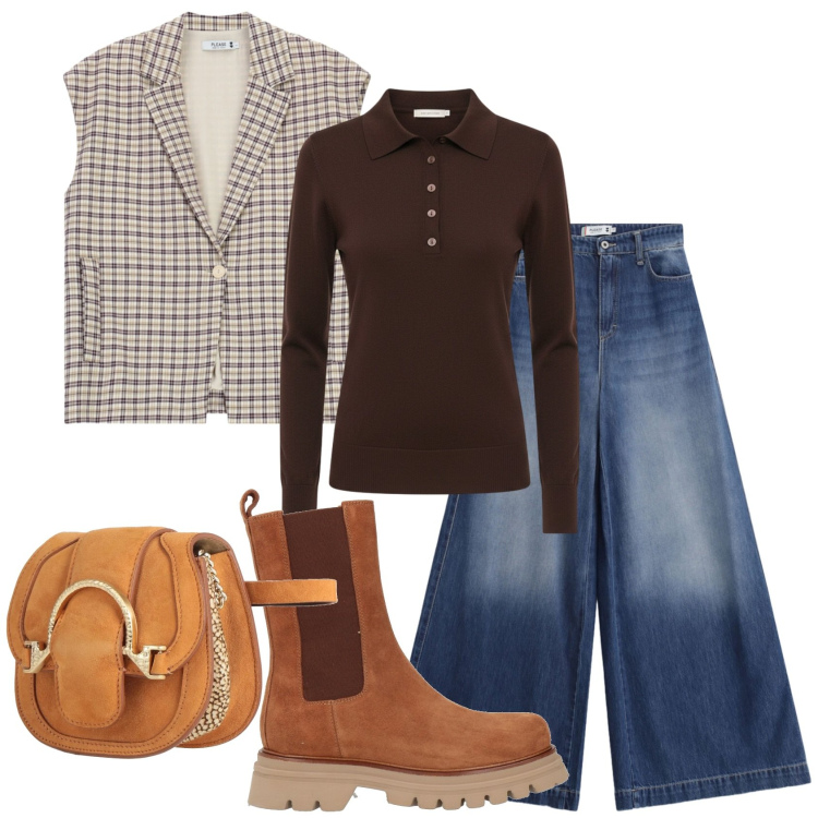 Outfit donna - Total look #2385845. Stile Preppy per Ufficio. Abbinamento con marsupi, stivaletti, gilet, jeans, polo.