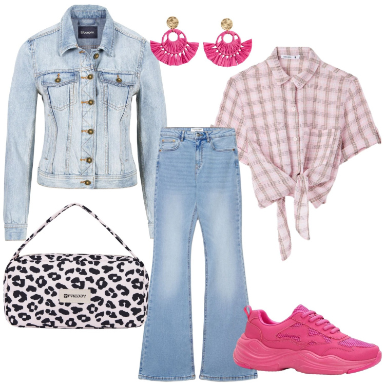 Outfit donna - Jeans in primavera. Stile Casual per Tutti i giorni. Abbinamento con giacche sportive, orecchini, sneakers, camicie a manica corta, jeans a zampa, borse a spalla.