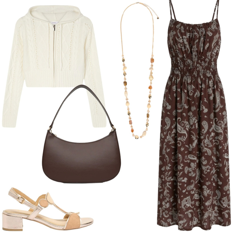 Outfit donna - Un outfit per la primavera. Stile Casual chic per Tutti i giorni. Abbinamento con sandali col tacco, vestiti lunghi, cardigans, borse a tracolla, collane.