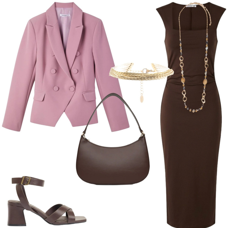 Outfit donna - Serata fuori. Stile Sexy per Serata fuori. Abbinamento con sandali col tacco, vestiti midi/longuette, blazer, borse a tracolla, collane, braccialetti.