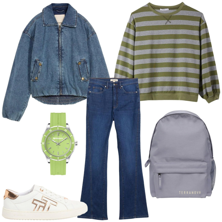 Outfit donna - Outfit scuola. Stile Casual per Scuola/Università. Abbinamento con bomber, jeans bootcut, sneakers, zaini, t-shirt, orologi.