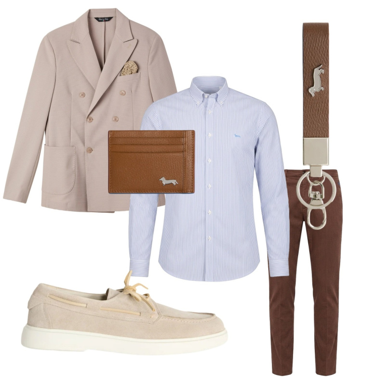Outfit uomo - Aperitivo del venerdì. Stile Business/Elegante per Tutti i giorni. Abbinamento con giacche, portachiavi, scarpe stringate, portafogli, camicie, pantaloni chino.