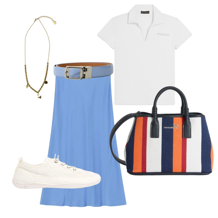 Outfit donna - Aprile. Stile Casual chic per Tutti i giorni. Abbinamento con sneakers, gonne longuette, cinture, shopping bag, t-shirt, ciondoli.