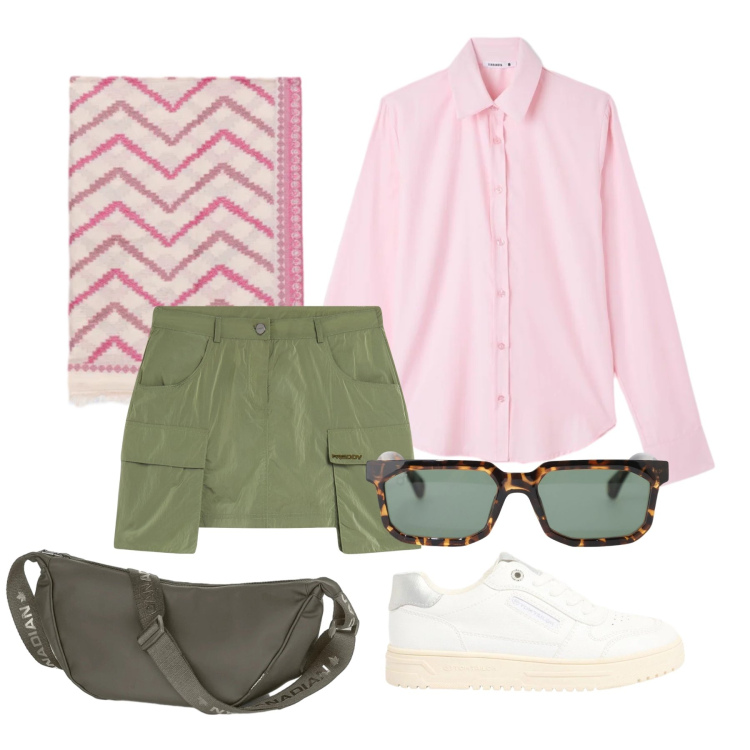 Outfit donna - Aprile. Stile Trendy per Tutti i giorni. Abbinamento con sneakers, camicie, occhiali da sole, foulard, minigonne, borse a tracolla.