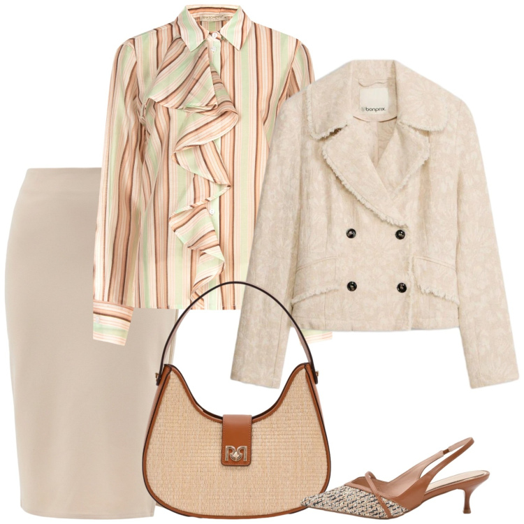 Outfit donna - Discreta eleganza. Stile Chic per Serata fuori. Abbinamento con blazer, camicie, gonne longuette, borse a spalla, décolleté.