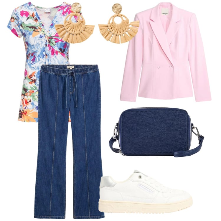 Outfit donna - Fresca. per Tutti i giorni. Abbinamento con jeans bootcut, bluse, borse a tracolla, sneakers, blazer, orecchini.