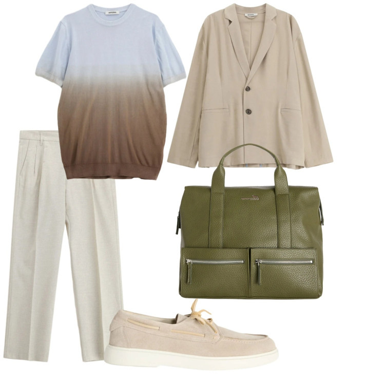 Outfit uomo - Un fuori porta. per Mare. Abbinamento con giacche, t-shirt, pantaloni, scarpe stringate, borse sportive.