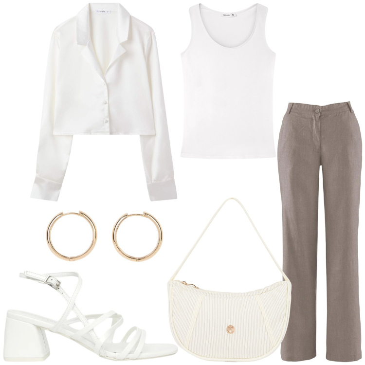 Outfit donna - Giornata lavorativa e oltre. Stile Casual chic per Tutti i giorni. Abbinamento con pantaloni, orecchini, camicie, top, sandali col tacco, borse a mano.