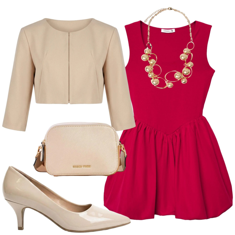 Outfit donna - Rosso Passione & Nude Elegance. Stile Romantica per Cerimonia. Abbinamento con borse a tracolla, décolleté, vestiti corti, cinture, collane, bolero.