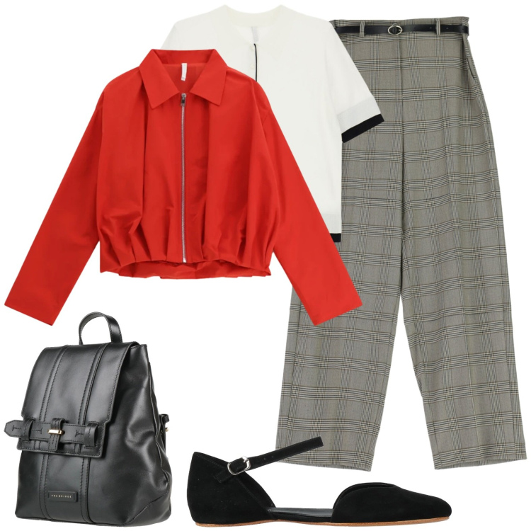 Outfit donna - Stile city. Stile Mannish per Ufficio. Abbinamento con ballerine, zaini, bomber, pantaloni a palazzo, polo.