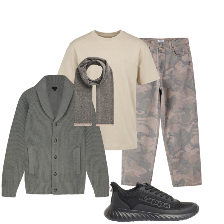 Outfit uomo - Passeggiata in centro. Stile Casual per Tutti i giorni. Abbinamento con sneakers, sciarpe, pantaloni, t-shirt, cardigans.