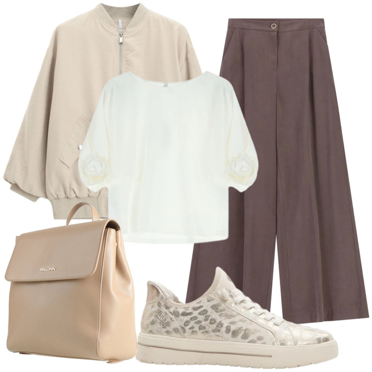 Outfit donna - Zaino beige. Stile Casual chic per Ufficio. Abbinamento con zaini, sneakers, pantaloni a palazzo, bluse, bomber.