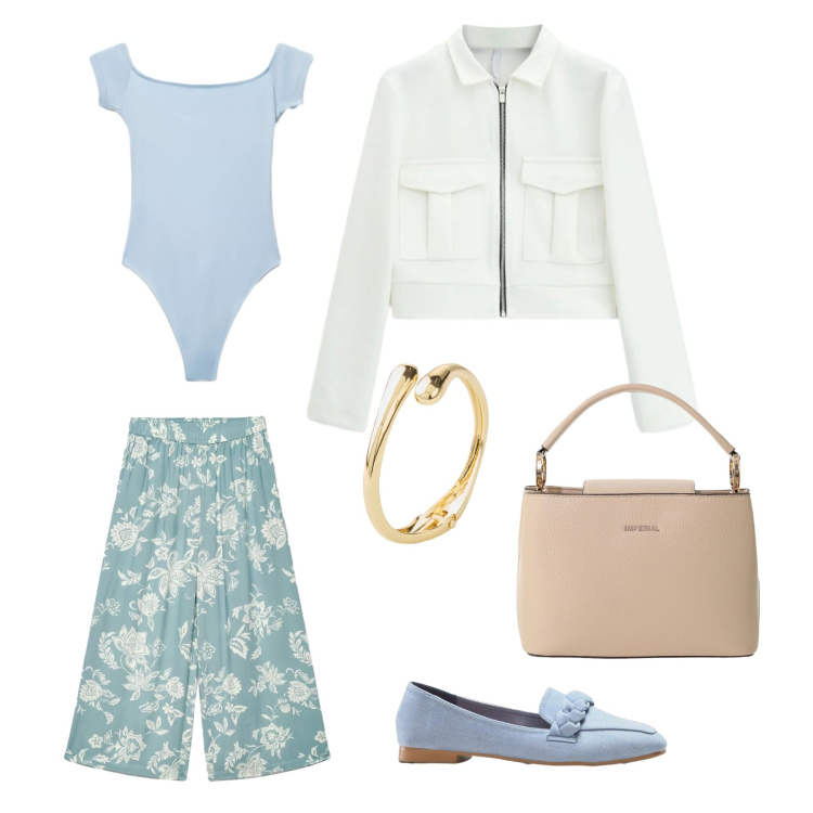 Outfit donna - Casual. Stile Casual per Tutti i giorni. look ideale per Tall. Abbinamento con mocassini, braccialetti, pantaloni a palazzo, canottiere, cappotti, borse a secchiello.