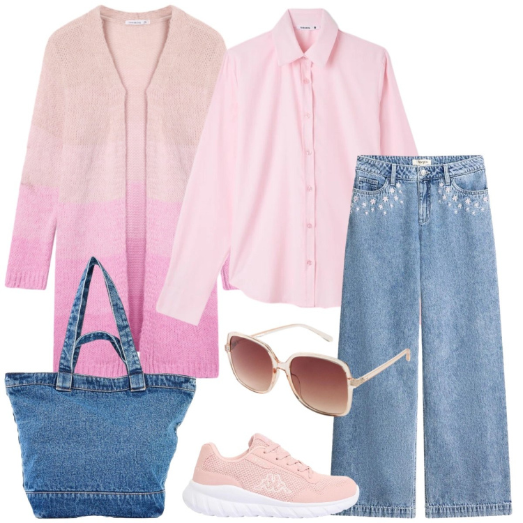 Outfit donna - Gita fuori porta. Stile Casual per Tutti i giorni. Abbinamento con jeans, occhiali da sole, sneakers, shopping bag, camicie, cardigans.