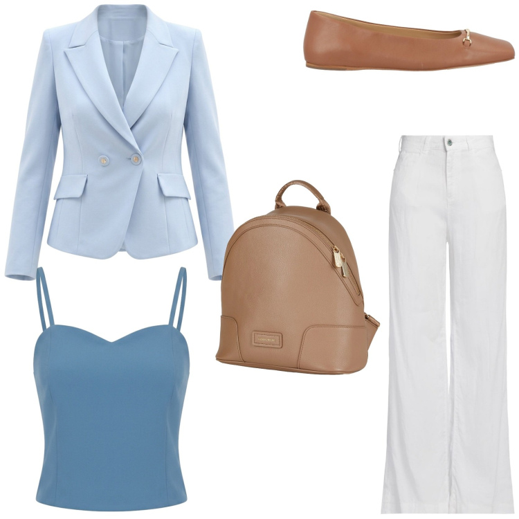 Outfit donna - Eleganza e confortevole. Stile Chic per Tutti i giorni. Abbinamento con zaini, jeans, ballerine, blazer, canottiere.