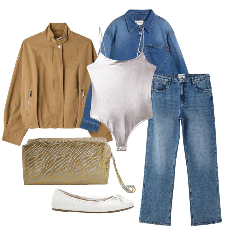 Outfit donna - Aprile. Stile Trendy per Tutti i giorni. Abbinamento con ballerine, camicie, jeans dritti, bomber, valigie, body.