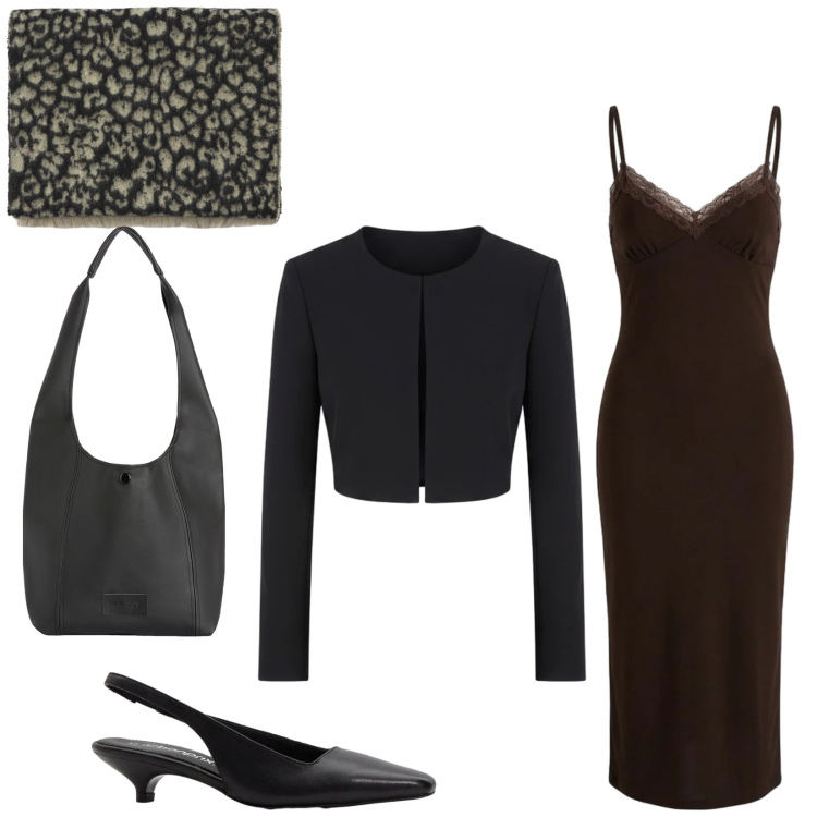 Outfit donna - Total look #2385914. Stile Chic per Serata fuori. Abbinamento con décolleté, vestiti midi/longuette, sciarpe, bolero, borse a spalla.