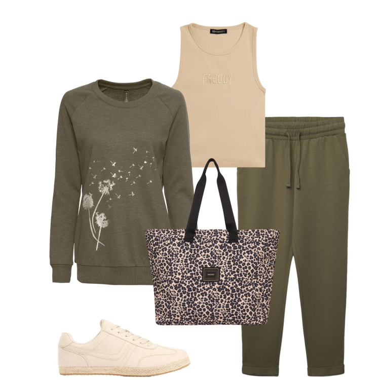 Outfit donna - Total look #2385917. Stile Sporty chic per Tutti i giorni. Abbinamento con felpe, sneakers, pantaloni, shopping bag, top.