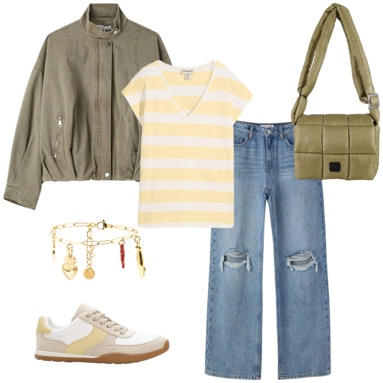Outfit donna - Total look #2385921. Stile Casual per Tutti i giorni. Abbinamento con sneakers, maglieria, jeans strappati, bomber, braccialetti, borse a spalla.
